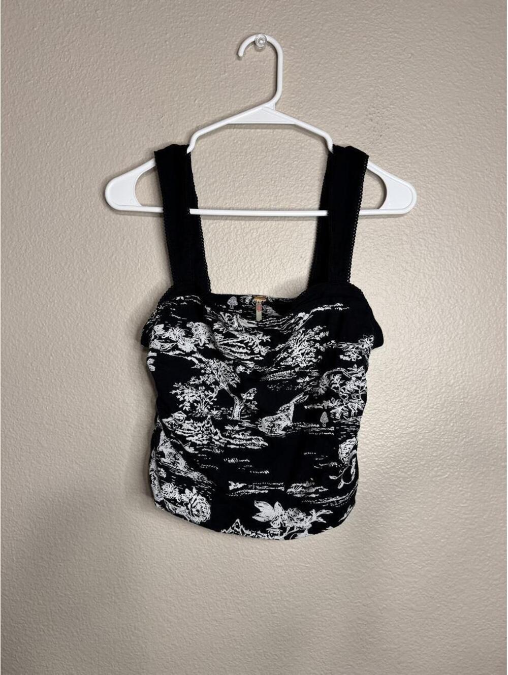 Free People black & white toile print crop top with white floral and bird design